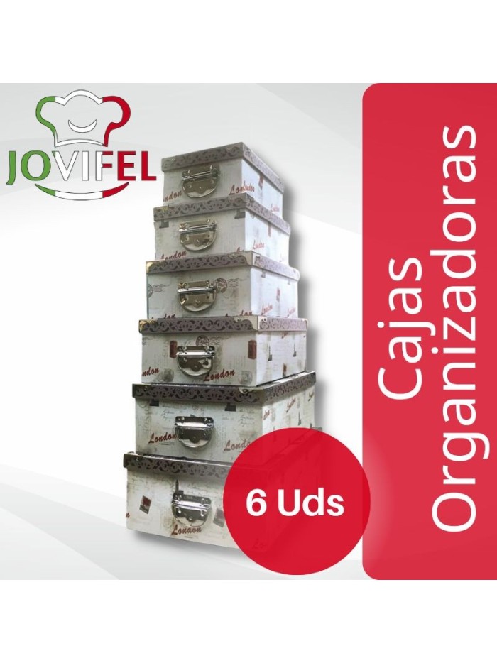 Comprar Jovifel Juego de 6 Cajas Organizadoras Diseño London Con Esquinero y Punteras Metalicas Mayorista al Mejor Precio!