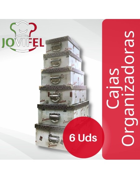 Comprar Jovifel Juego de 6 Cajas Organizadoras Diseño London Con Esquinero y Punteras Metalicas Mayorista al Mejor Precio!